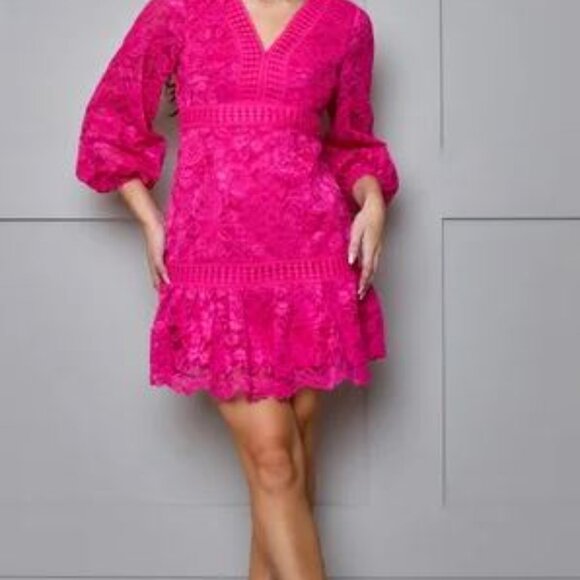 Chi Chi London Pink V-Neck Bishop Sleeve Mini Dress - Picture 2 of 16